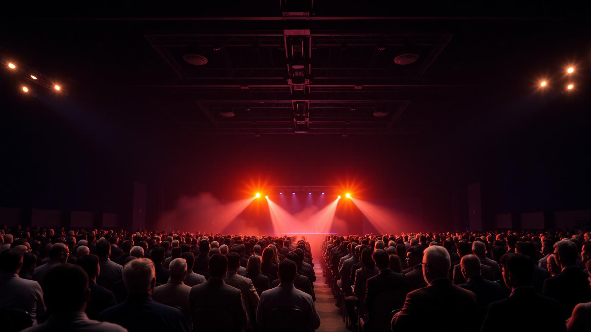 A full convention hall gathered under warm stage lights